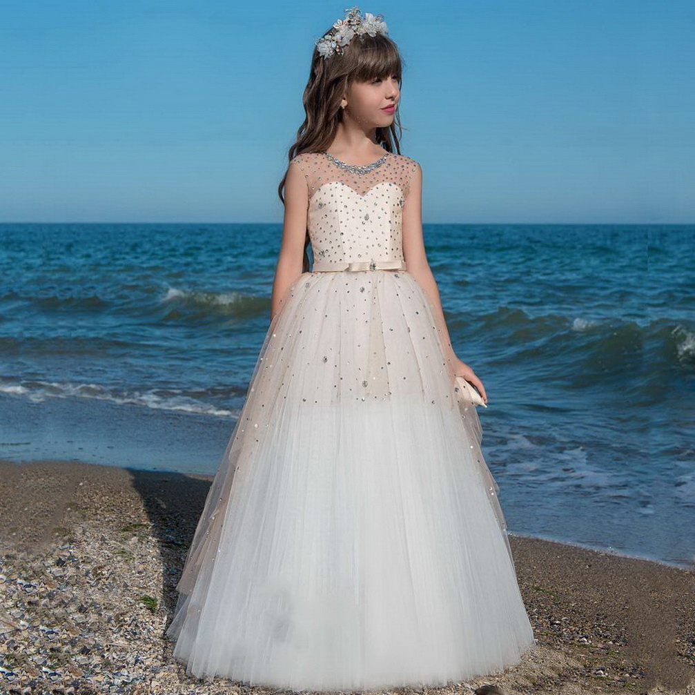 

2020 Hot Flower Girl Dresses For Weddings A-line Cap Sleeves Tulle Beaded Crystals Long First Communion Dresses Little Girl, White;blue