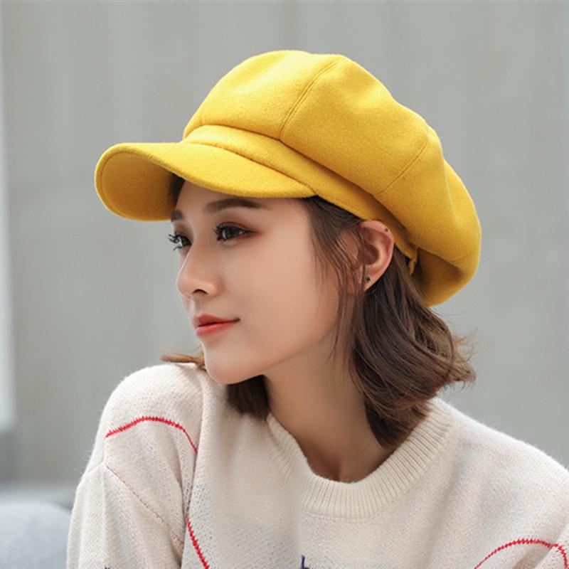 

2002 Winter Octagonal Hats Women Autumn New Wool Beret Caps Female Casual Woolen Painter Hats Lady Pure Color Beret Cap, Black