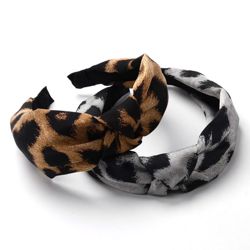 

Women Vintage Satin Faux Silk Hairband Digital Printing Leopard Snake Animal Textured Hair Hoop Gray/Coffee Twist Knotted W77