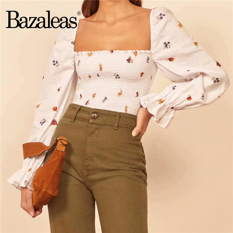 

Bazaleas Chic Cute Floral Print ropa mujer Fashion Square Collar blouse women harajuku Elastic shirt Vintage Flare Sleeve Blouse, 83 floral d190
