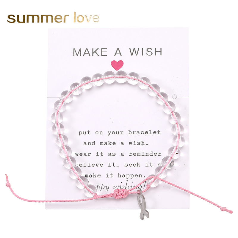 

Breast Cancer Awareness Bracelet Clear Glass Beads Charm Bracelet With Make a Wish Card for Women Men Handmade Woven Rope Bracelet Jewelry