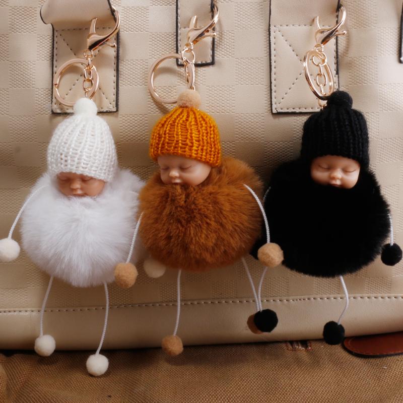 

Novelty Keychain Lovely Sleeping Baby Doll keychain Fur Ball Key ring Holder Women Bag Pendant Charm Accessories