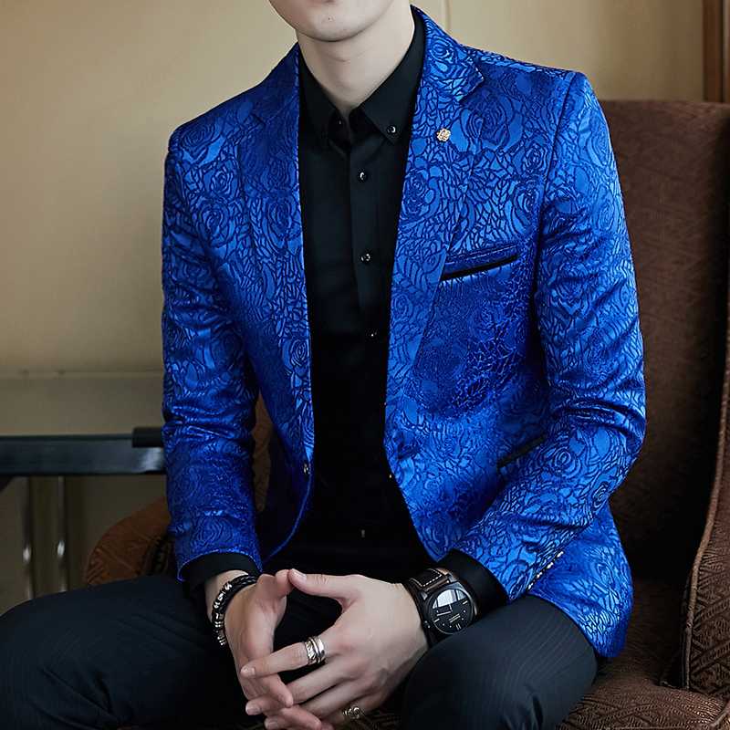 

Rose Jaquard Print Slim Fit Blazer Royal Blue Black Promo Blazer For Men Stylish Business Casual Party Wedding Suit Coat