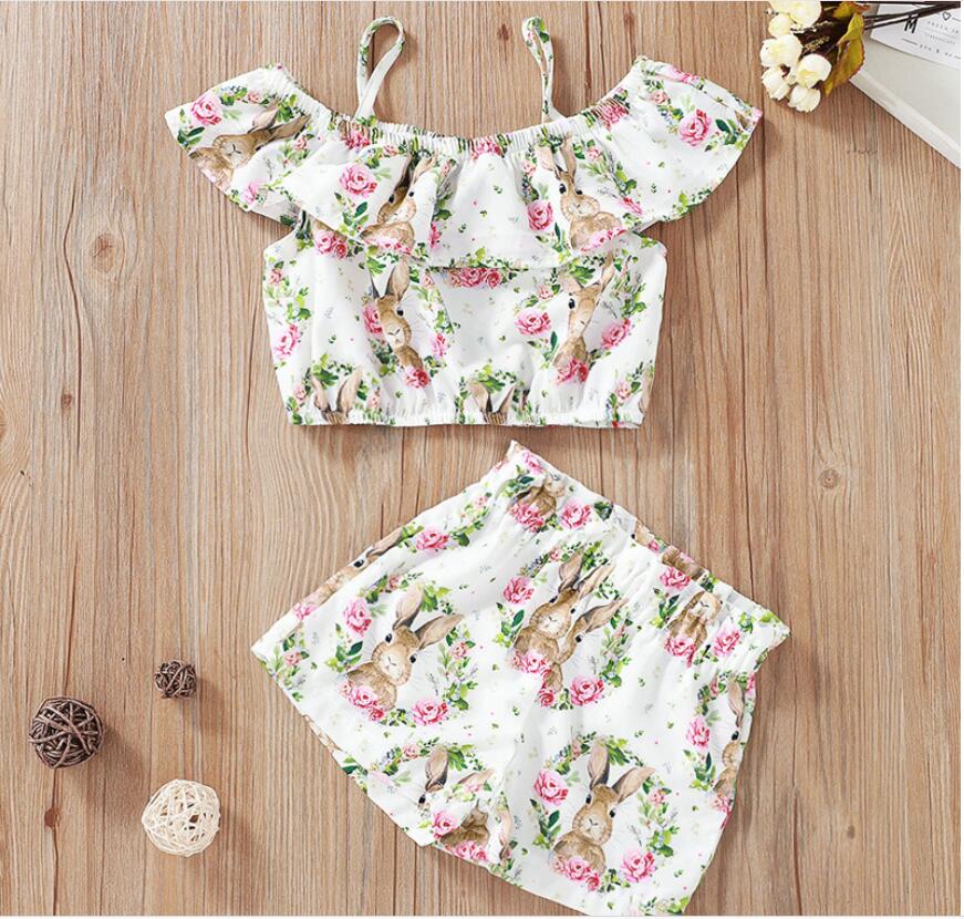 

Baby Easter Day Sleeveless Rabbit Print Tops and Short Pant Set Girl O-Neck Garland T-shirt and Trousers Suit Kids Summer Clothes Two Pieces, As picture