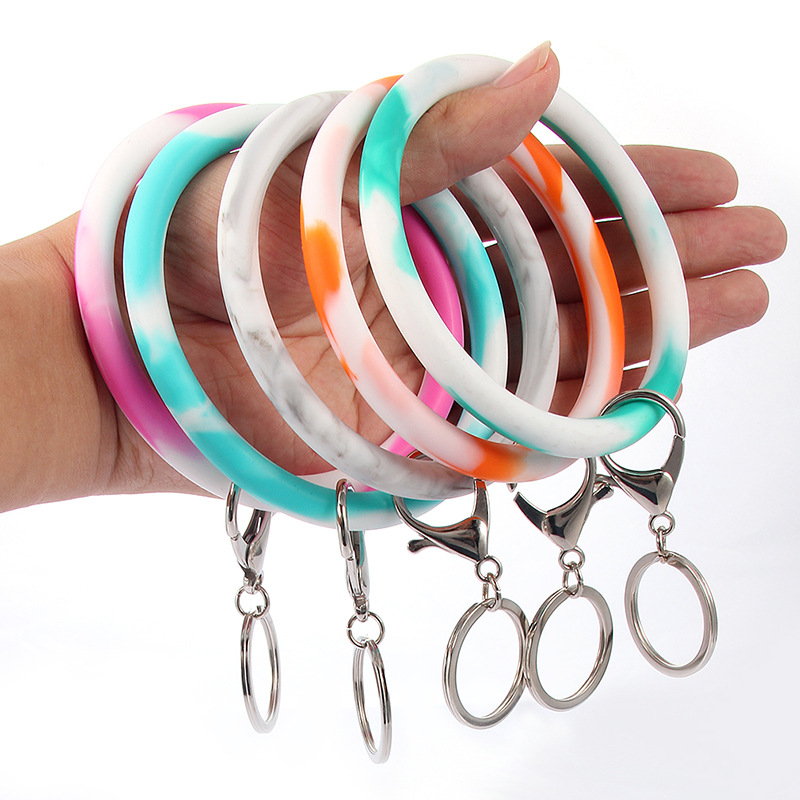 

Silicone Round Bracelet Keychain Camouflage Woman Two Circle Wristlet Key Ring Creative Bangle Key Holder Halloween Party Gift, Silver