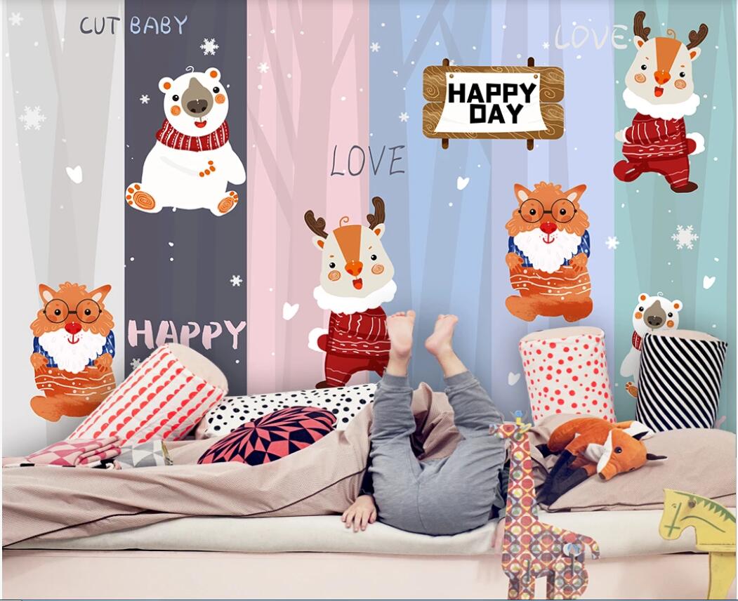 

3d wallpaper custom photo mural Macaron color stripe cartoon animal children's room background wall wallpaper for walls 3 d, Non-woven