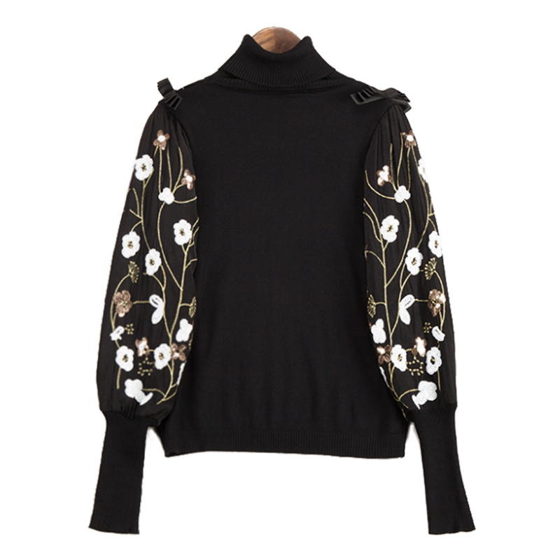 

Vintage Beading Sequins Knitted Sweaters Women Fashion Turtleneck Loose Long Sleeve Ladies Pullovers Embroidery Lantern Sleeve, Black
