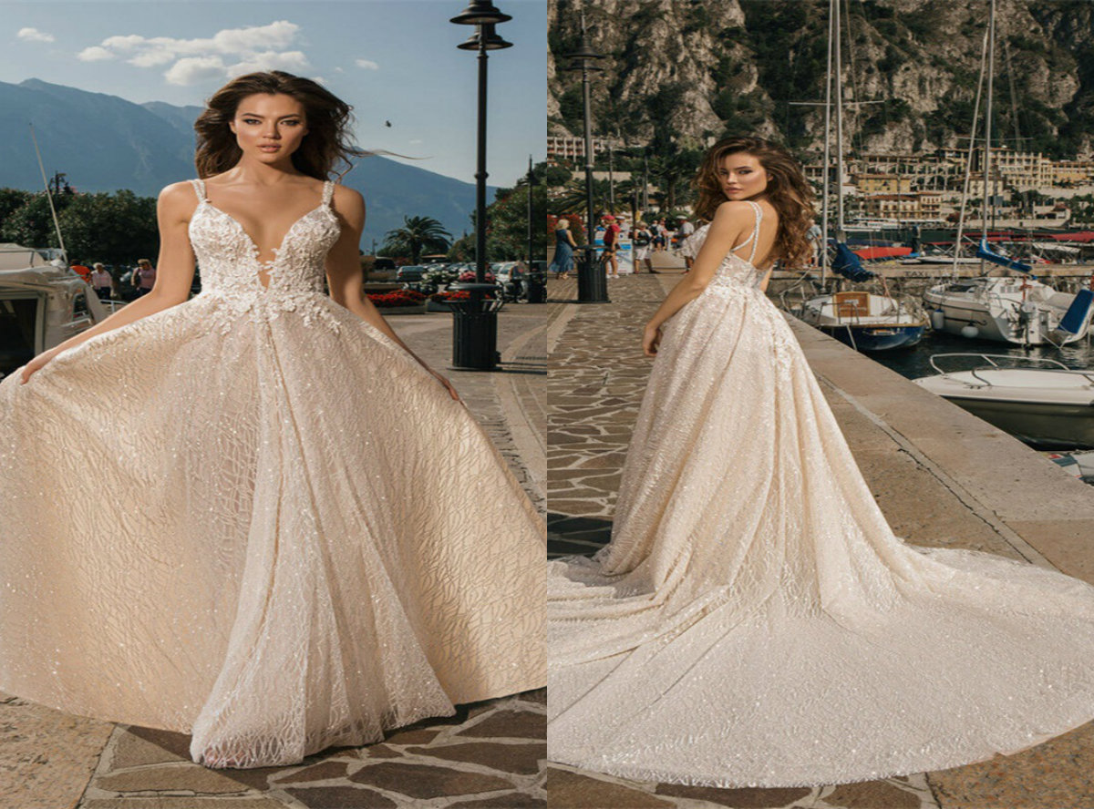 Luxury Mistrelli Wedding Dress Sexy Spaghetti Strap Backless Appliqued Lace Sequins Beaded Bridal Dress Court Train Beach Vestidos De Novia