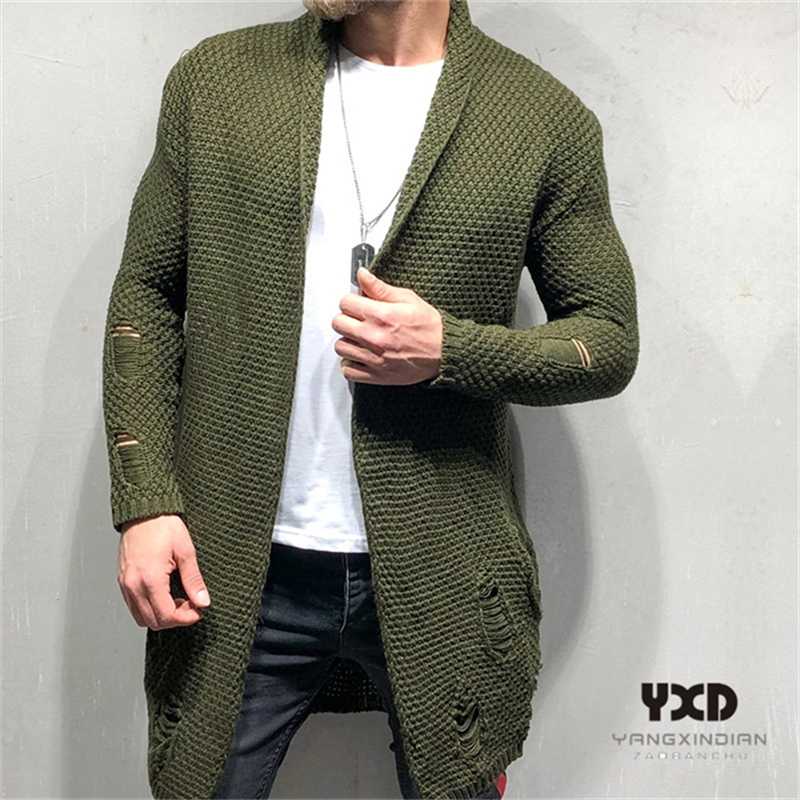 

Brand Men Clothes Hole Jacquard Knitted Cardigan Men Long Style Sweater Jacket 2020 Streetwear Windbreaker Coat Casual K, Black
