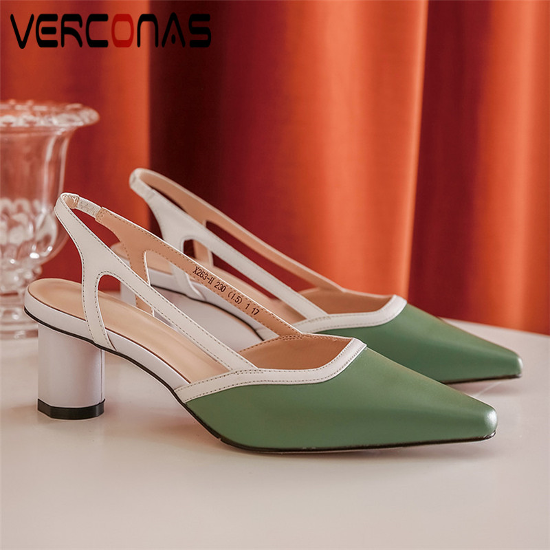 

VERCONAS Thick Heel Pointed Toe Sweet Slippers Women Genuine Leather Design Summer High Heeled Sandals Elegant Shoes Woman, Green
