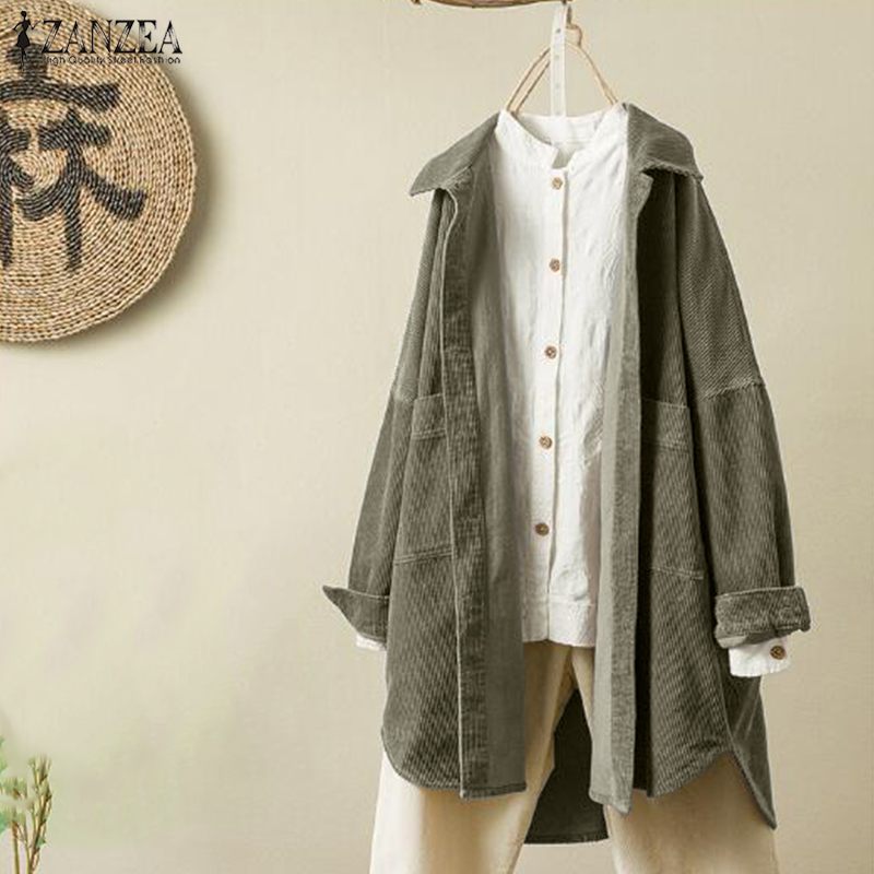 

2020 Vintage Cardigan ZANZEA Autumn Corduroy Coats Women Jackets Lapel Neck Long Sleeve Shirts Casual Top Outwear Thin Chaqueta, Gray