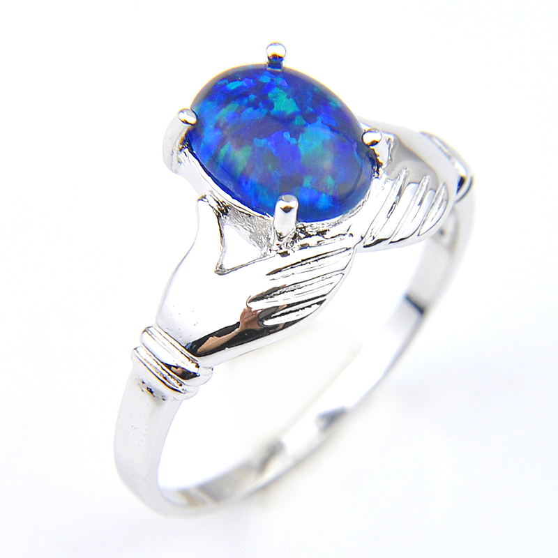 

12 Pcs/Lot Luckyshine Handmade 925 Rings Blue Opal Gemstone Solid Oval Shape Russia Charm Lady Wedding Ring Jewelry Wholesale