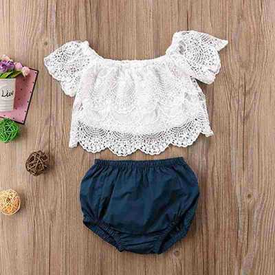 

2020 ins Baby Girls Off Of Shoulder Lace Top And PP Short Pants Summer Clothes Set Wholesale, Blue
