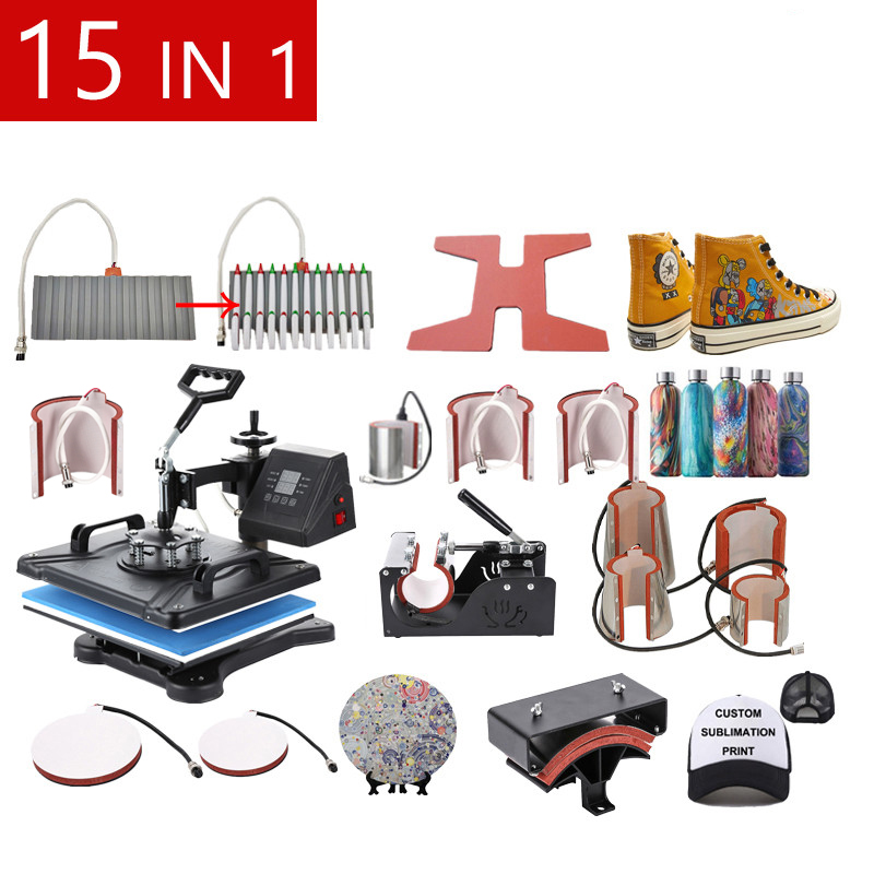 

double display Combo 15 In 1 Sublimation T shirt Heat Transfer Machines For Hat/mug/frame/pen