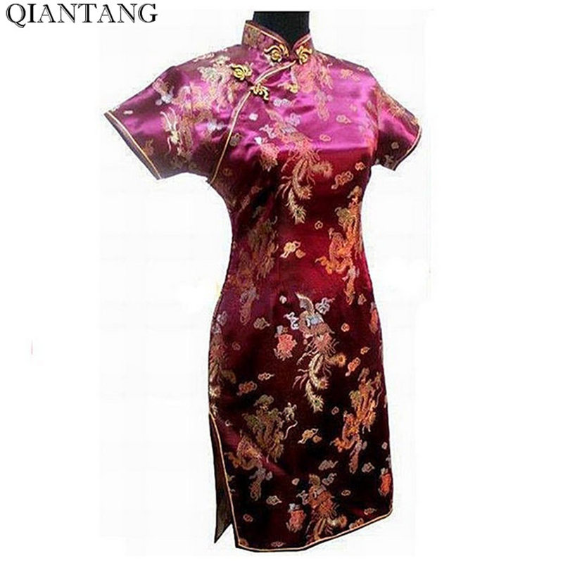 

Burgundy Women's Mini Cheongsam Traditional Chinese Style Satin Qipao Short Sleeve Dress High Quality Vestido S-6XL J4063