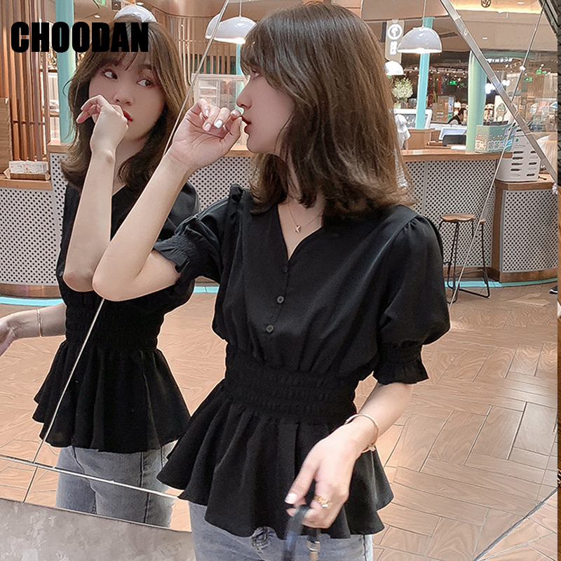 

Black Women Tops And Blouses 2019 Summer New V-Neck Short Sleeve Blouse Female Elastic Waist Fitness Fashion Women Shirts
