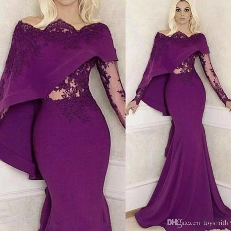 

2019 Saudi Arabian Purple Evening Gowns Off The Shoulder Satin Lace Prom Dress abendkleider Long Sleeves Formal Gown Applique Robe De Soiree, Hunter