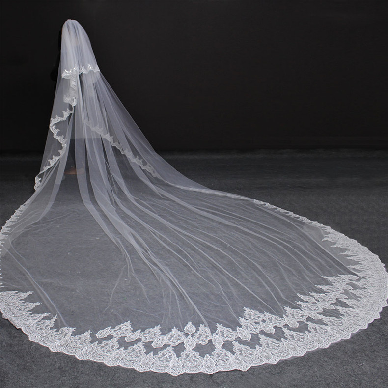 

High Quality 5 Meters Neat Sparkle Sequins Lace Edge 2T Wedding Veil with Comb 5M Long Luxury 2 Layers Bridal Veil, Ivory
