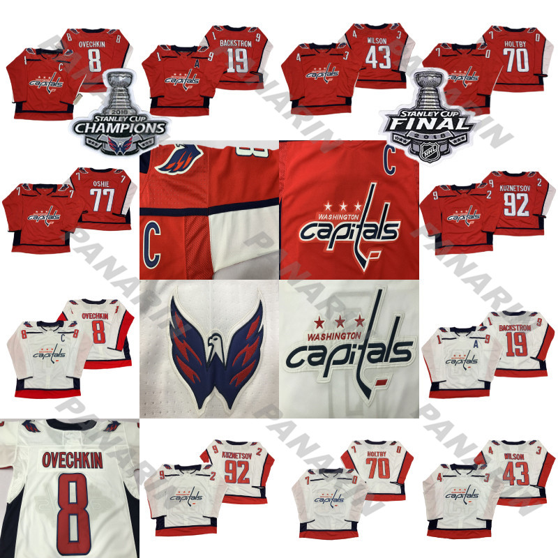 

18-19 Washington Capitals Jersey 8 Alex Ovechkin 74 JOHN CARLSON 77 TJ Oshie 70 Braden Holtby 92 EVGENY KUZNETSOV Hockey Jerseys, Navy blue