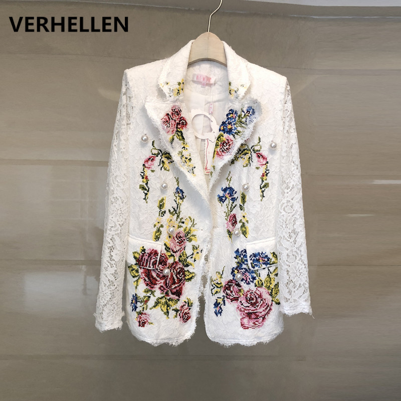 

VERHELLEM High Quality Fashion Runway Coats 2020 Spring Women' Long Sleeve Flower Embroidery Lace Jacket Outerwears, White