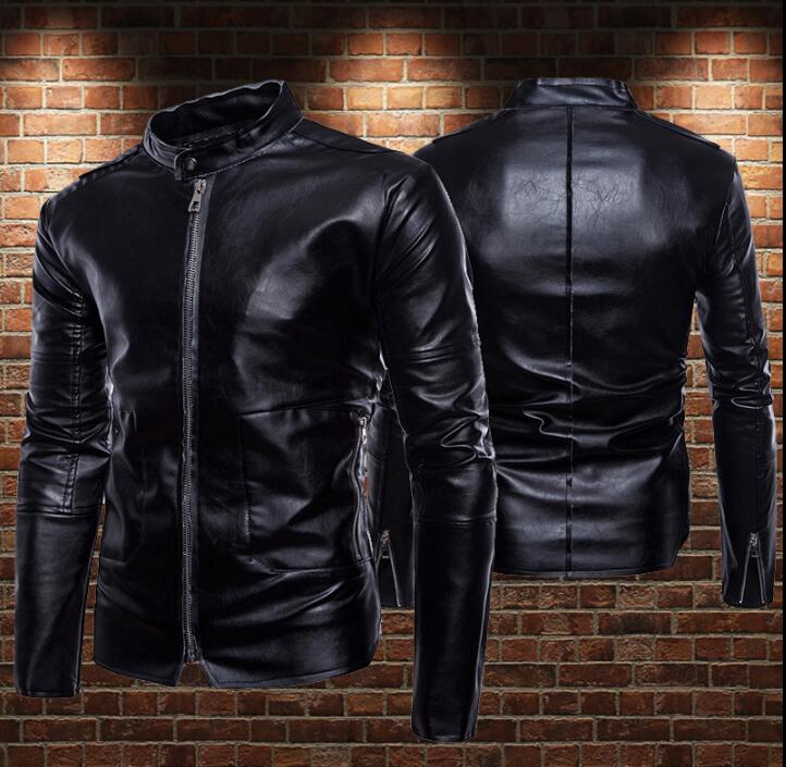 

Black motorcycle leather jacket men Punk casual zipper pocket Standing collar pu clothes mens leather jackets and coats biker