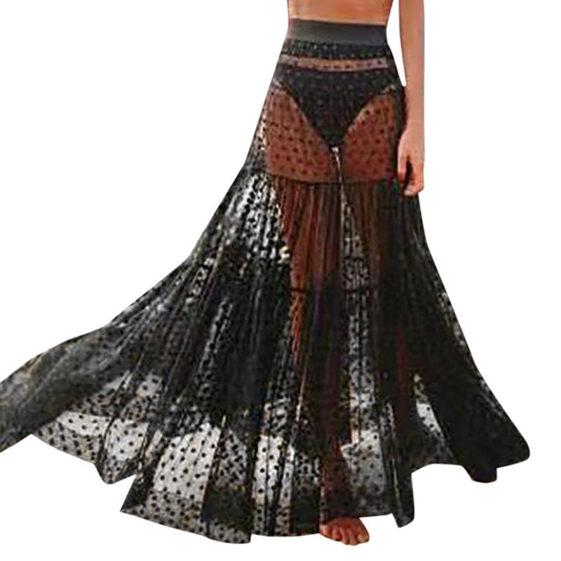 

Women Summer Sexy Perspective Lace Skirt Gothic Dot High Waist Bohemian Skirt Fashion Beach Style Long Skirts Jupe Femme, Black