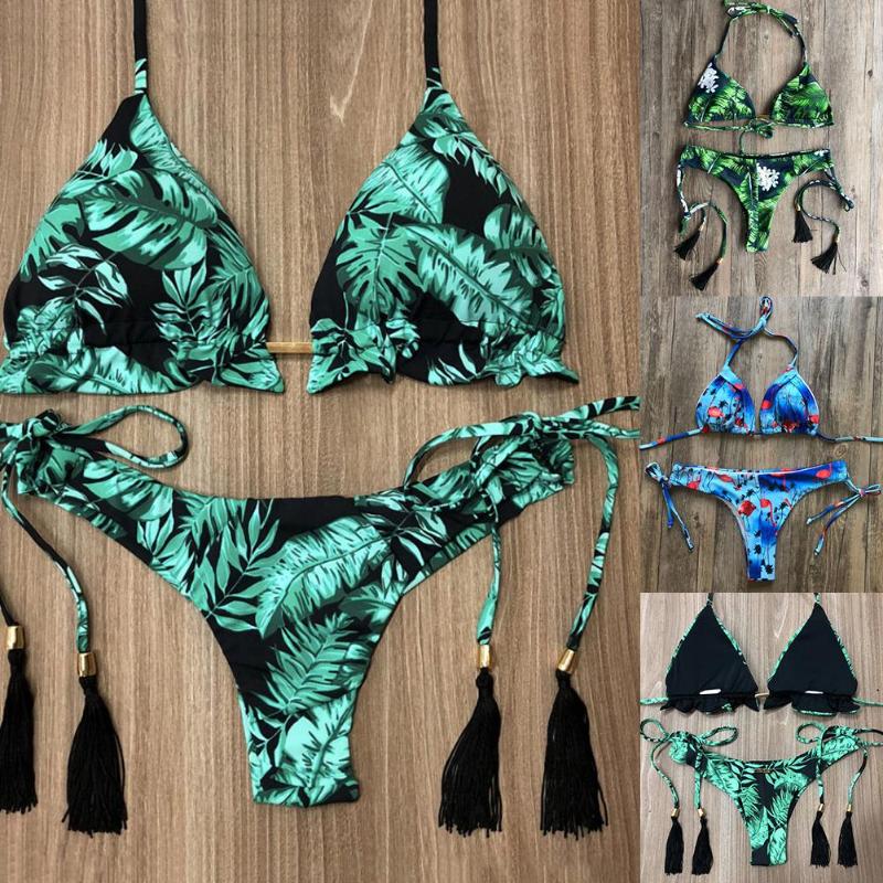 

Bikini Set Women Padded Wireless Halter Bra Bandage Tassels Briefs Swimsuit Bikini Set