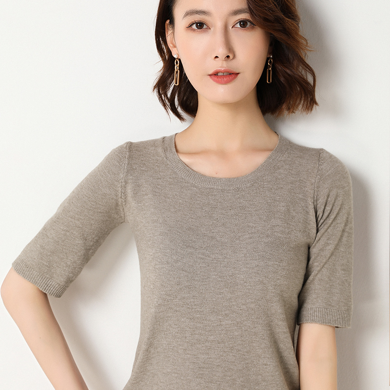 

Spring summer new Short sleeve Cashmere sweater women' loose O-Neck knit bottoming shirt female pullover tops, Beige