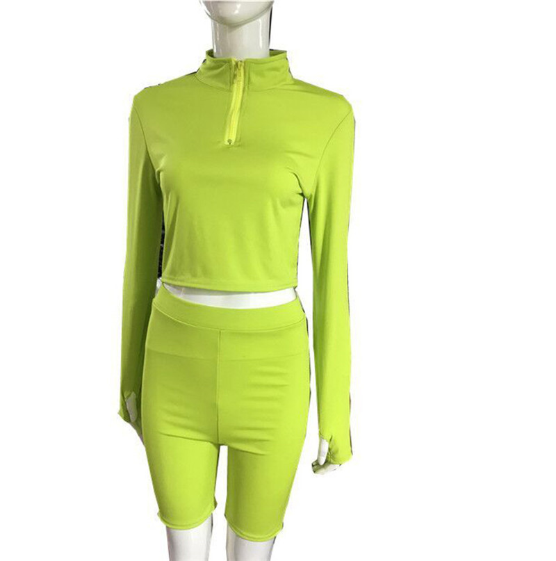 

Wholesale-Womens Sport Hoodies Sweatshirt Crop Tops Pants Set 2Pcs Yoga Fitness Tracksuit Sweat Suit, Fluorescent green