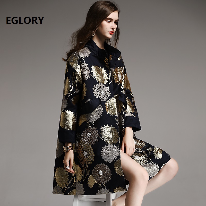 

Top Quality Designer Coat Trench Autumn Spring Overcoats Women Didamond Beading Vintage Jacquard Print Plus Size Long Coat Femme, Black