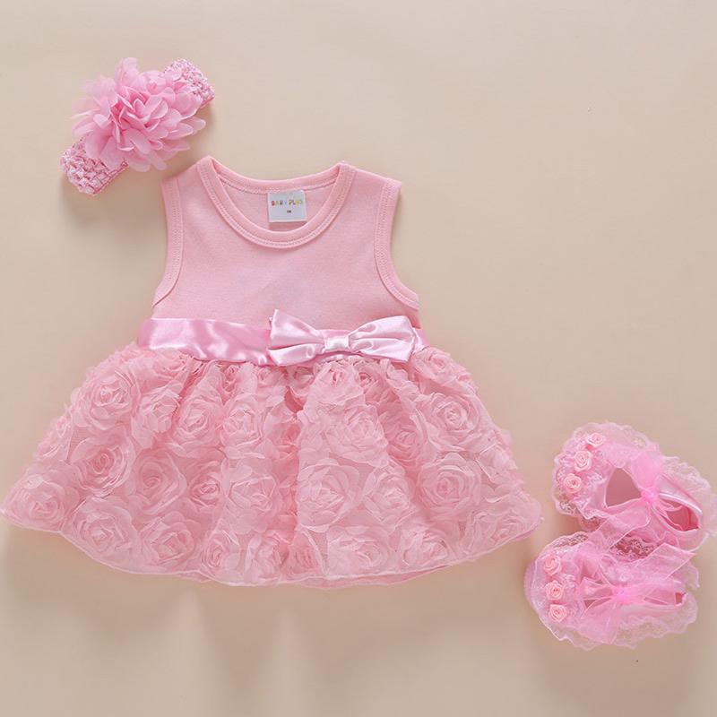 

Lace Princess Dress (0-24M) Baby Sleeveless Rose Princess Dress Fluffy Lace Mesh + Hairband + Shoes BABY PLUS Summer S4, As photo