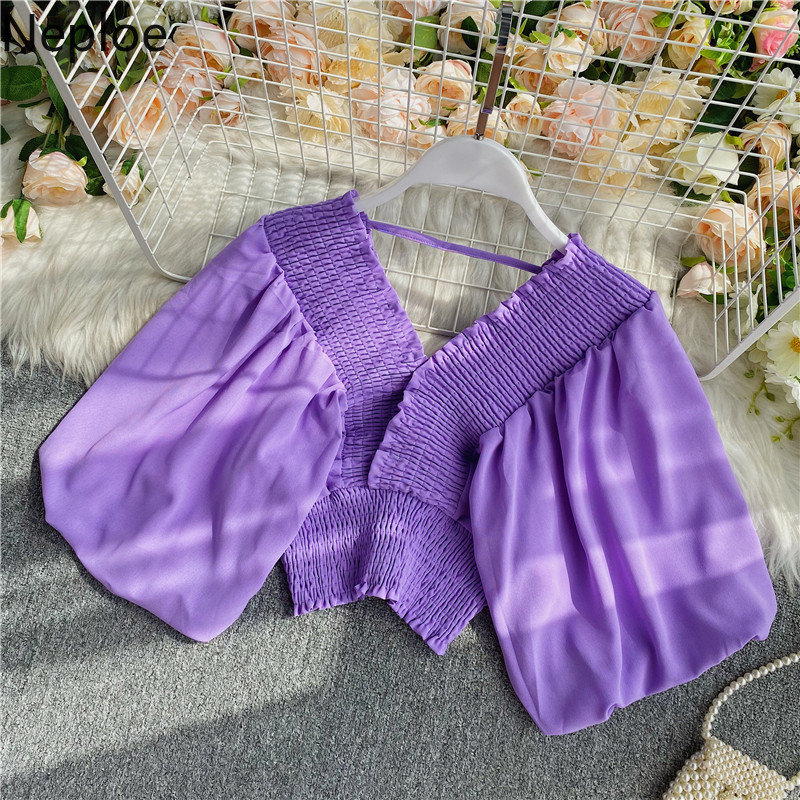 

Neploe Sexy Pleated V-neck Women Shirts Puff Short Sleeve 2020 Summer Blouse Korean High Waist Short Solid Blusas Femme 4C920, Black