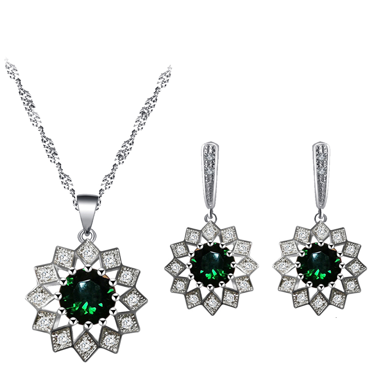 

Earrings & Necklace Elegant 925 Silver Green Zircon Pendant Jewelry Romantic Valentine's Day Gift JS836, As pic