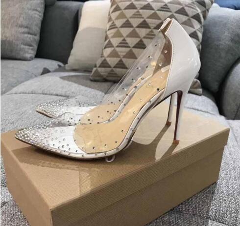 

2019 New Clear PVC Red Bottom High Heels Crystal Rhinestone Pointed Toe Stiletto Pumps Luxury Brands Dress Party Shoes Woman Wedding Shoe, Gold