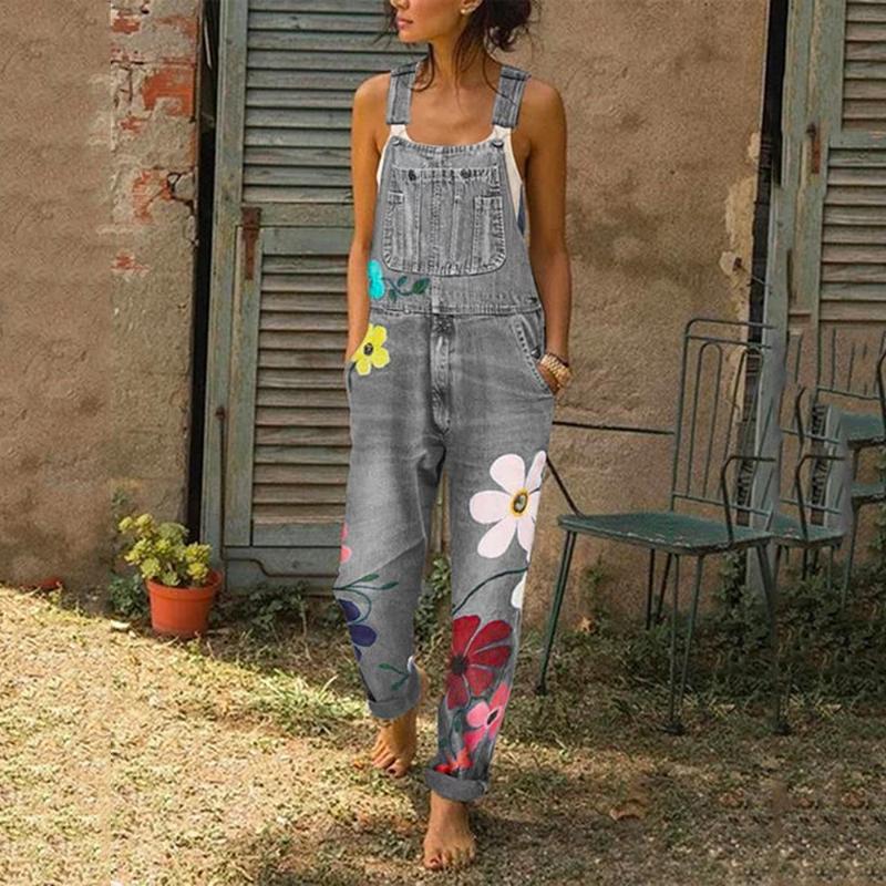 

Womens Jeans Jumpsuit Fashion Floral Printed Denim Overalls with Pocket Ladies Light Washed Denim Suspender Pants New Streetwear, Gray1