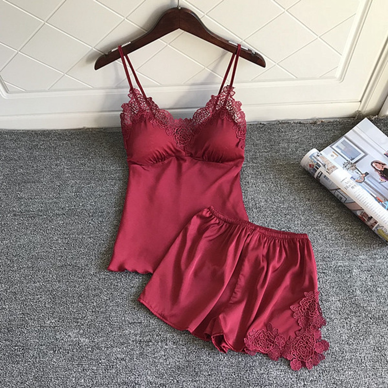 

Nighties Women Pajamas Satin Sleepwear Pijama Silk Home Wear Lace Home Robe Chest Pads Sleep Lounge Pyjama Red 2 PIECE, Dress