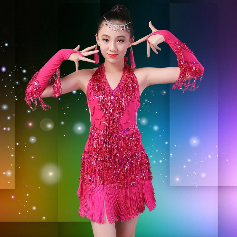 

Girls Children Children Modern Ballroom Latin Dance Dress Blue Fringed Salsa Dance Tango Dress Red Stage Performance