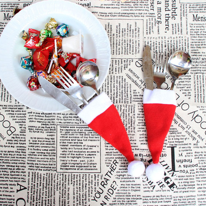 

Dropshipping 10 Pcs/Set Christmas Hat Cutlery Bag Candy Gift Bags Cute Pocket Fork Cutter Holder Table Dinner Decoration MDP66