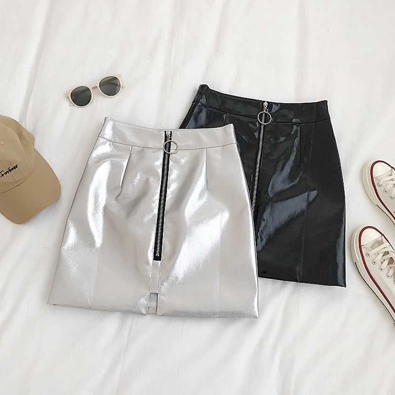 

2020 Spring SummerNew Office Lady Zipper Up Faux Leather Skirts Intellectual Sexy Metal Ring Zipper Hip Tight Sexy Pu Mini Skirt, Black