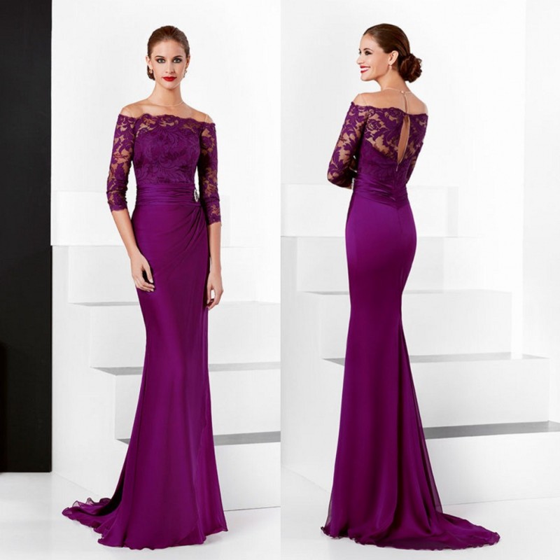 

Purple Lace Mermaid Mother Of The Bride Dresses Sheer Off The Shoulder Long Sleeves Evening Gowns Sweep Train Plus Size Wedding Guest Dress
