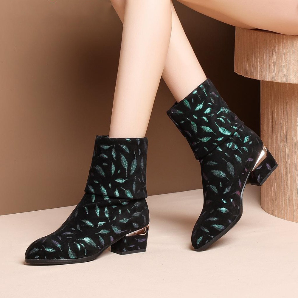 

slip on Leaves grain med heels mid-calf boots high quality mature woman comfortable pointed toe stretch boots