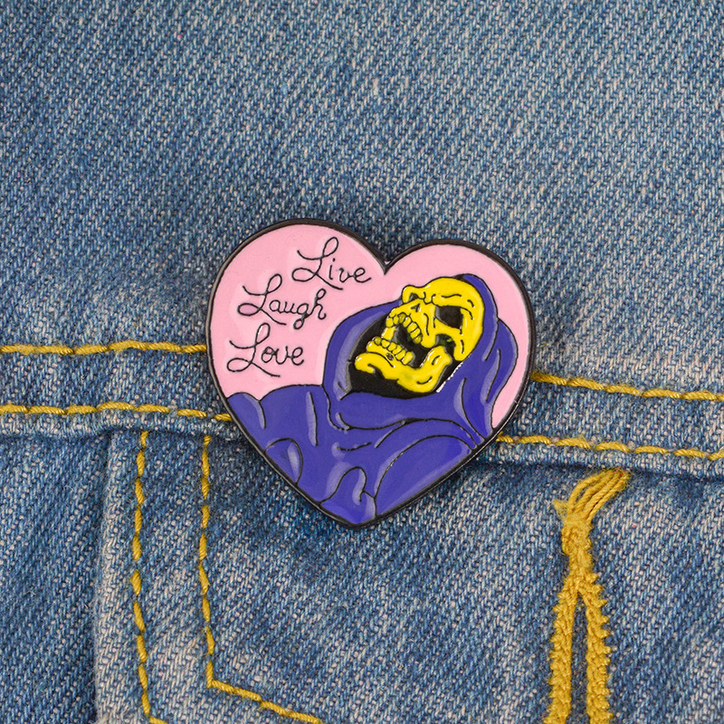 

Live Laugh Love enamel pin Heart shape Skeleton Badge Brooch Lapel pin for Denim Jeans shirt bag Gothic Jewelry Gift for friend, Gray