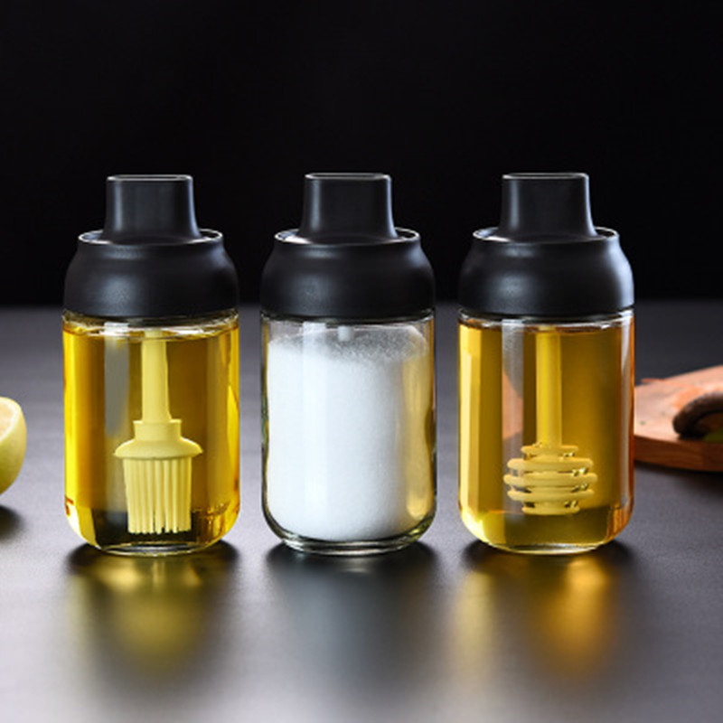

Kitchen Supplies Seasoning Jar Glass Sealed Seasoning Bottle Spoon Lid Integrated Bottle Brush Oil Honey