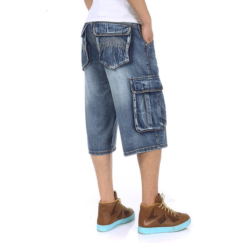 

High Quality New Fashion Mens Summer Cargos Jeans Pocket Loose Denim Pants Baggy Trousers Cowboy Shorts Plus Size 30-46, B lu