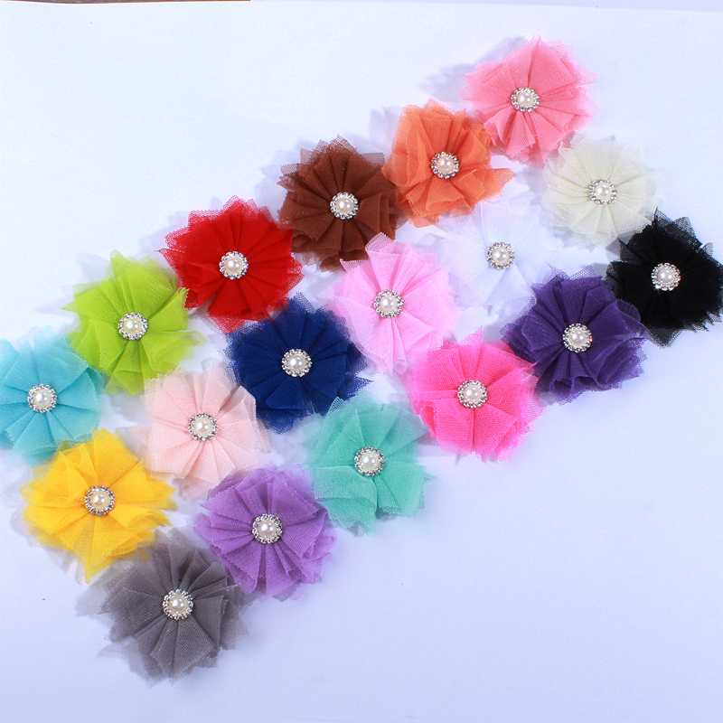 

60PCS 2.5" Mesh Hair Flower Rhinestone Pearl Cluster Hair Accessories Fashion Accessory For Hairclip For Head band, Lime