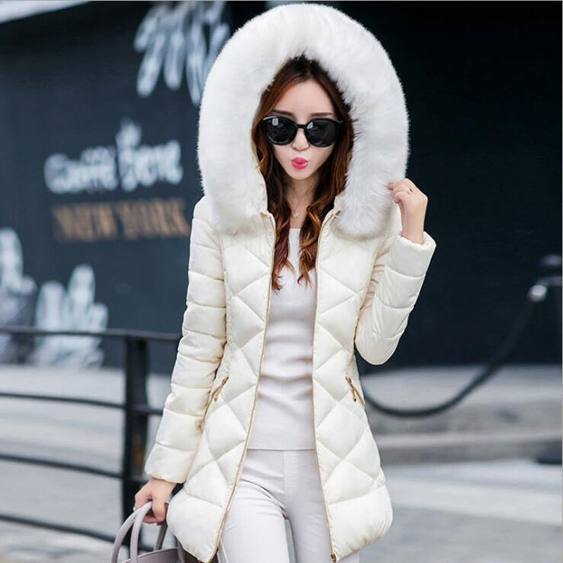 

Winter jacket women thick coat warm long outwear high quality slim big faux fur hooded fashion clothes, Ivory