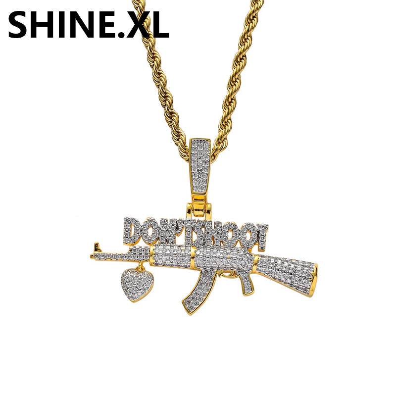 

18K Gold Plated AK-47 Gun DON'T SHOOT Pendant Necklace Iced Out Zircon Mens Hip Hop Jewelry Gift