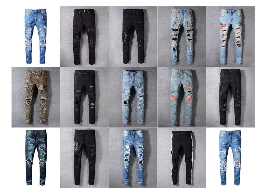 

HOT Designs Brand Jeans Clothing Designer Pants Road Panther Black Soldier Mens Slim Denim Straight Biker Hole Hip Hop Jeans Men, Blue