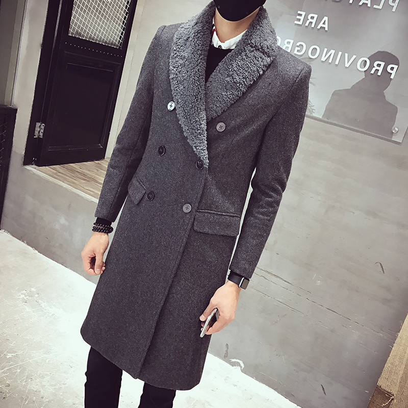 

2020 Trench Fur Collar Long Coats Double Breasted Gabardina Mens Overcoat Slim Fit Woolen Winter Jacket Vintage, Black