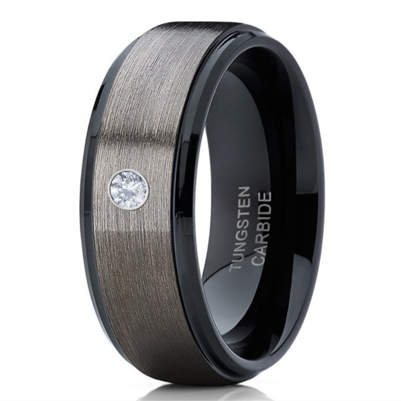 

Men's 8mm Silver Brushed Black edge Tungsten Carbide Ring Diamond wedding band Jewelry for Men US Size 6-13